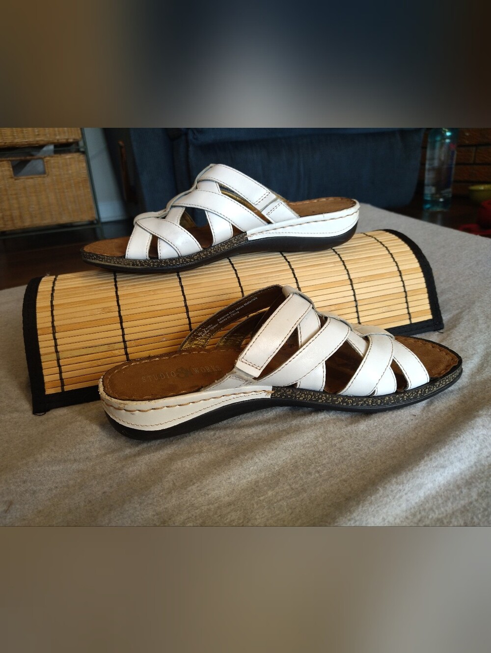 Studio Works Panda White Leather Strappy Slide Sandals Women's Size 7M